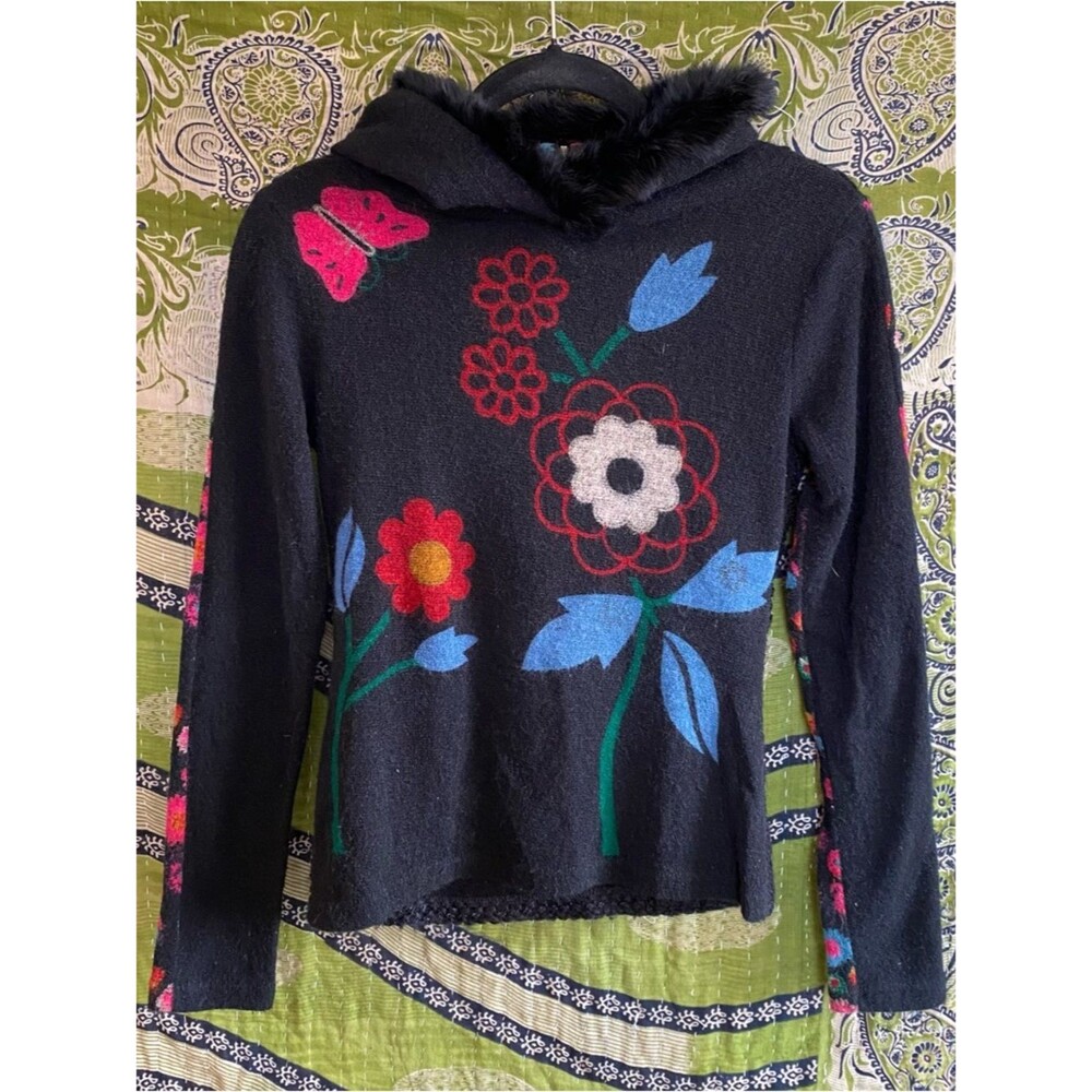 Vintage Y2K Anac by Kimi Wool Blend Painted Floral Hoodie Sweater Size Small